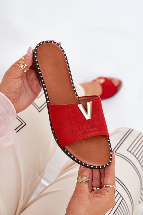 Dámské Pantofle Na Ploché Podešvi S Ozdobnými Detaily Červené Saliena