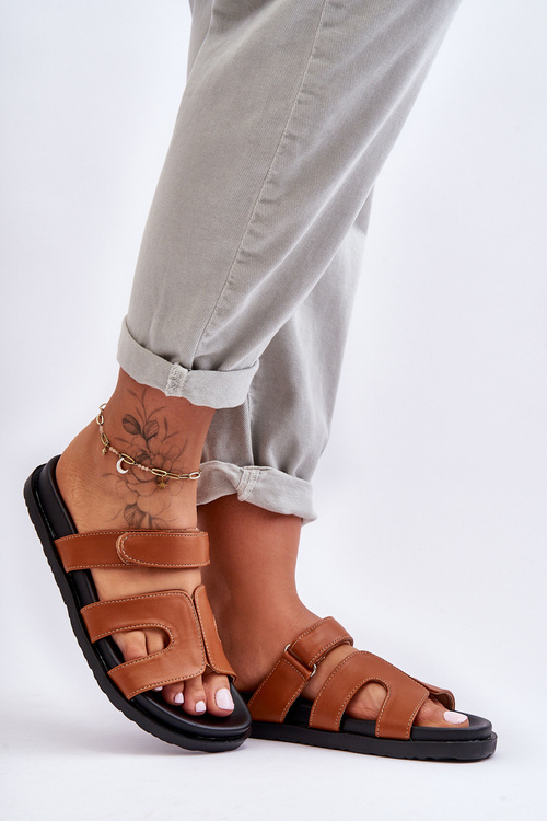 Kožené klasické žabky dámské na suchý zip hnědé Amedon