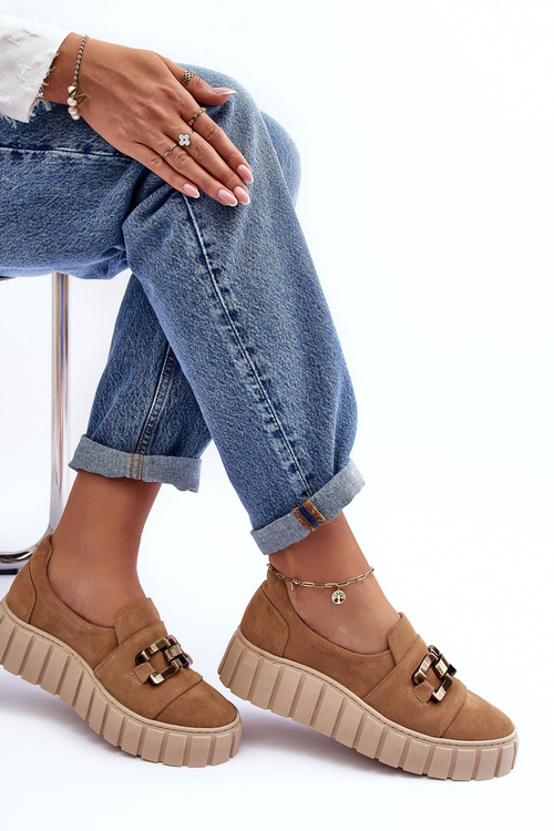 Zamszové dámské polobotky na platformě s ozdobou tmavě béžové Lewski 3398