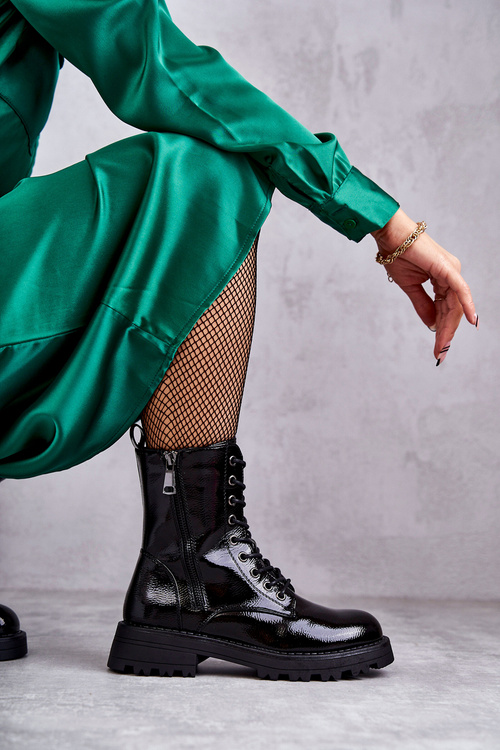 Kožené Boty Na Plochém Podpatku černe Estela