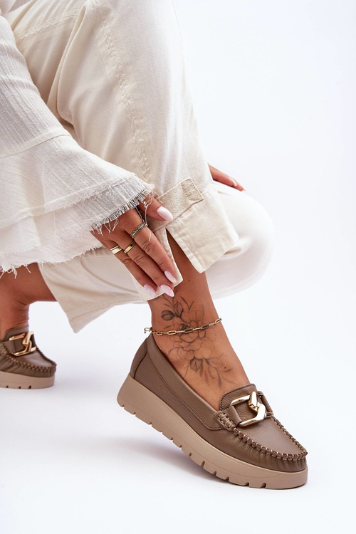 Zazoo 10141 Kožené mokasíny na platformě s ozdobou tmavě béžové