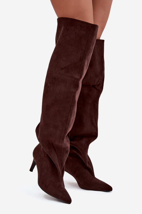 Dámské kozačky na jehlovém podpatku bez zapínání v čokoládové barvě Mavilla