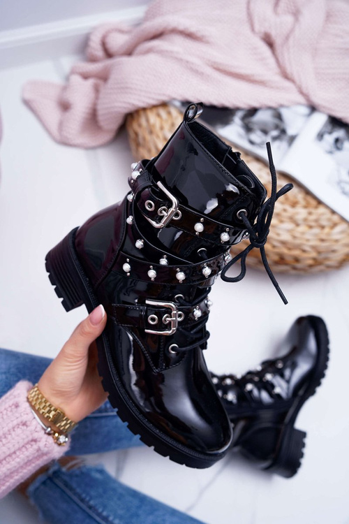 Dámské Kotníkové Boty Lakované s Perlami černé Domination