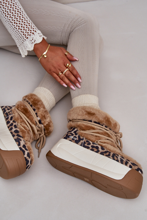 Kožené Dámské Sněhule Na Silné Podešvi S Kožešinou Panteřa Big Star OO274A207 Hnědé