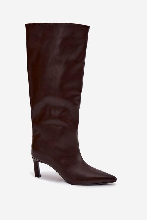 Dámské kozačky nazouvací na jehlovém podpatku s prošitím čokoládové Olyvia