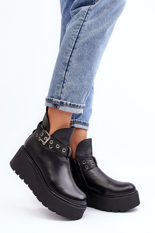 Kožené Dámské Boty Na Platformě Koturnu S Pásky Zazoo 1752 Černé