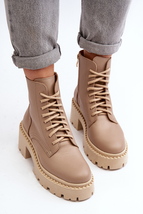 Zazoo 3413 Dámske kožené topánky na robustnom podpätku béžové