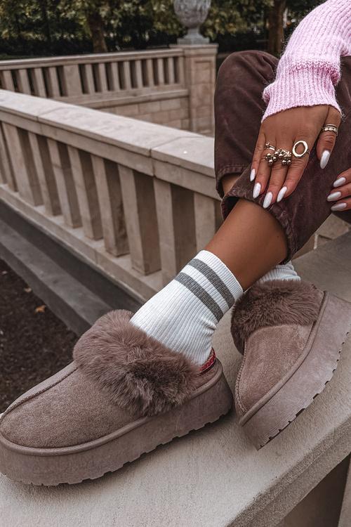 Dámské sněhule na platformě s kožešinou a výšivkou tmavě béžové Querina