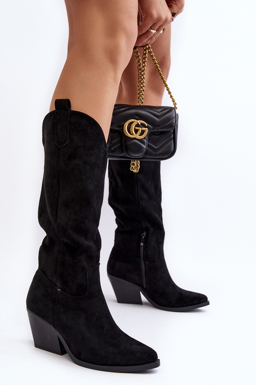 Dámské cowboyové kozačky na podpatku před koleno černé Oppore