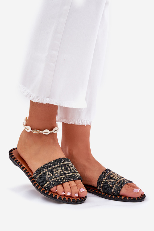 Dámske Šľapky Na Plochéj Päte So Zdobením Čierne Dorfedi