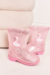 Detské brokátové galoshes s labuťmi ružovou farbou