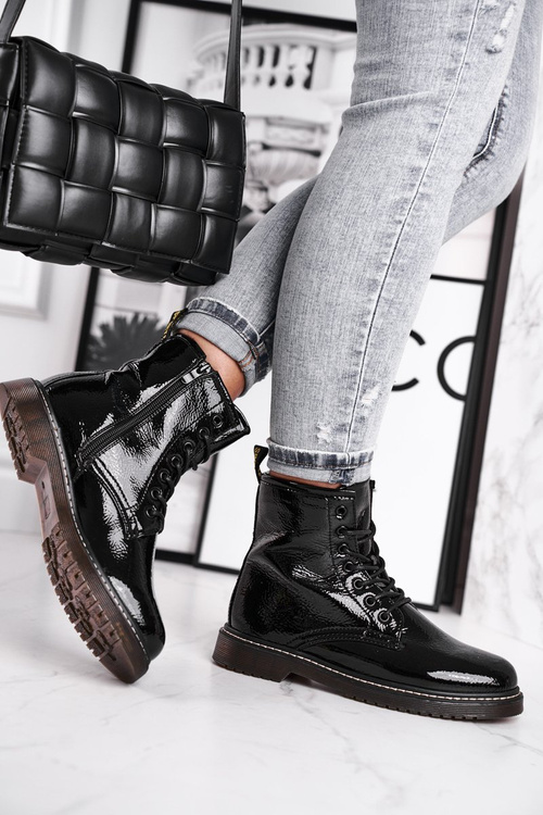 Dámské Kotníkové Ploché Boty Lakované Cerné Marita