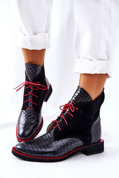 Kožené Boty Se Vzorem Aligator Tmavě Černé Laorelia