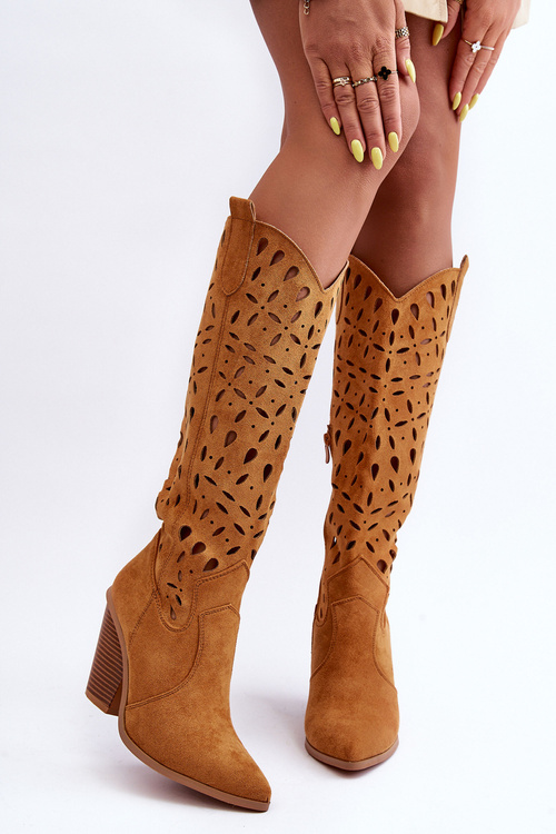 Zamszové Ažurové Kozaky Kovbojky Hnědé Nisu