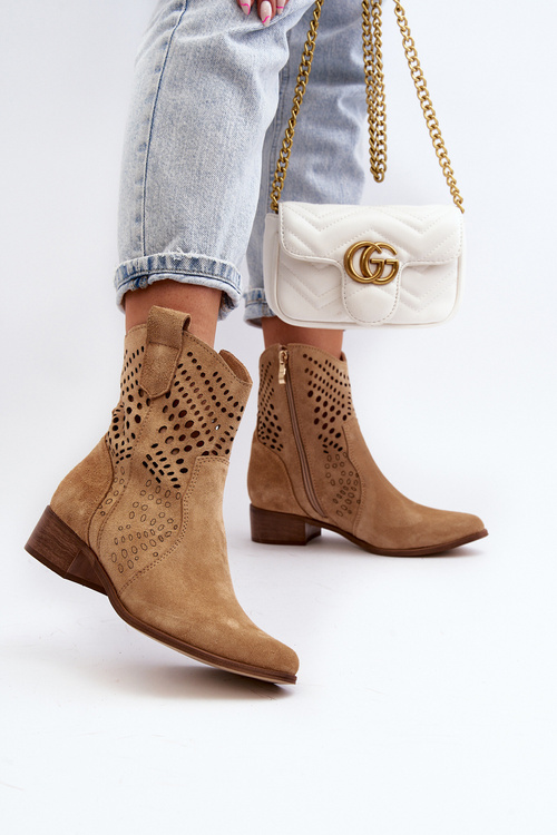 Zazoo 3305/2 Dámske Vyrezané Cowboyové Čižmy Nízky Podpätok Semiš Beige