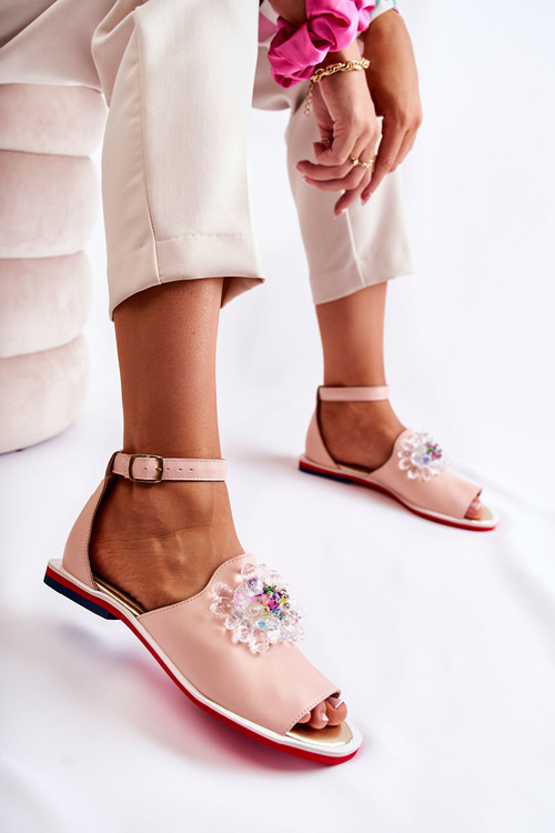 Dámské kožené sandály s zdobením Světle růžová Nevassa