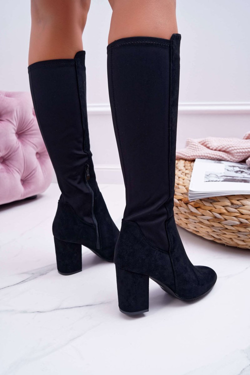 Dámské Kozačky Na Vysokém Podpatku Semišové s lycrou černé Machine