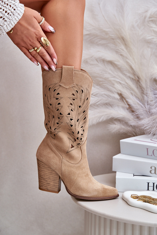 Dierkované kozačky do polovice lýtok na podpätku zamszové Lewski 3609 béžové