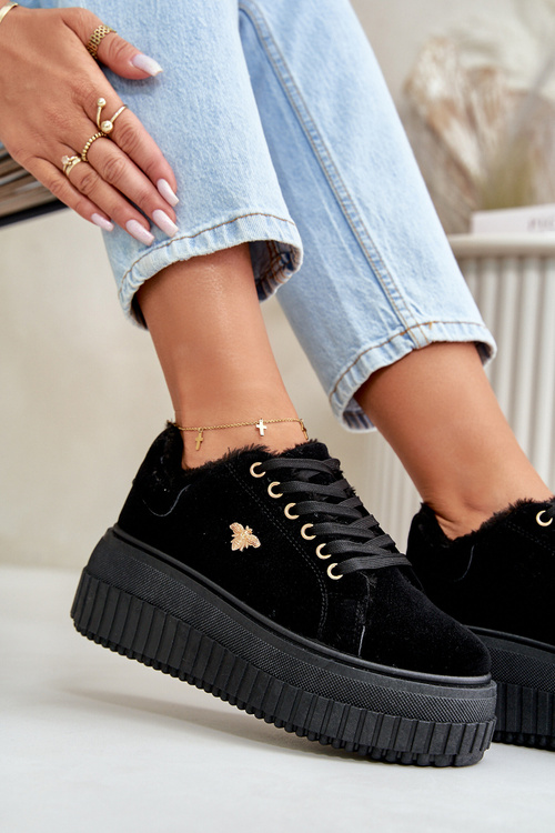Dámské Zateplené Tenisky Na Masivní Podešvi Se Zlatým Detalem Černé Lotira