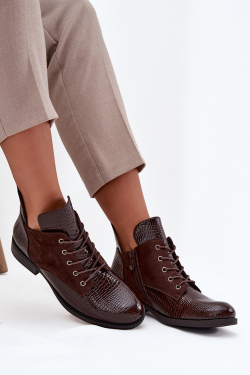 Lakované dámske členkové topánky s ozdobným doštičkovaním Vinceza 16477 hnedé