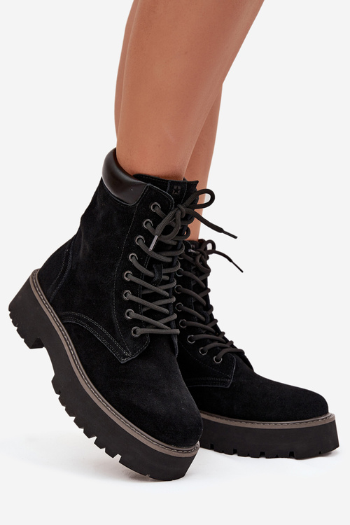 Semišové dámske pracovné čižmy na šnúrky Big Star SS274791 Čierne