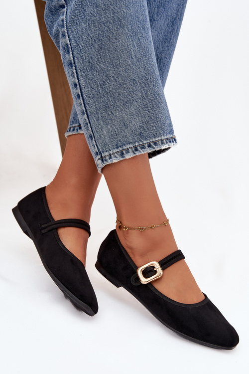 Baleríny s páskem a zlatým sponou Eko semišové Černé Adelora