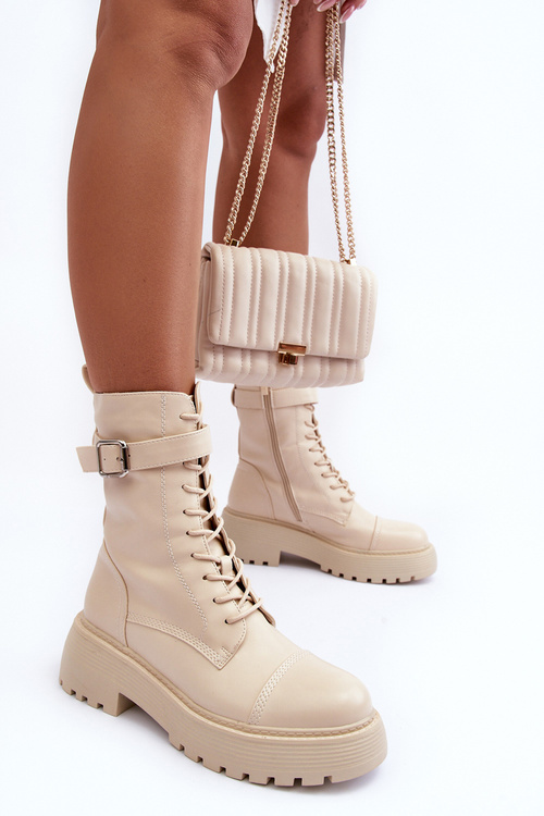 Kůže Botky Workery s Plochým Podpatkem se Sponou Jasnobežové Samivlo