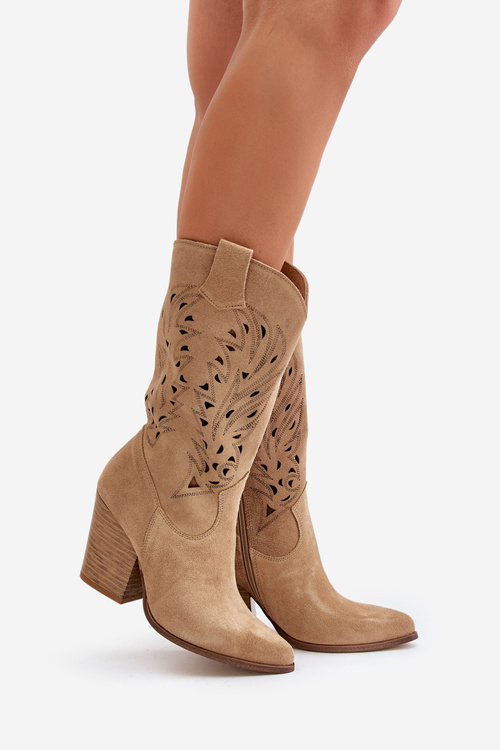 Dierkované kozačky do polovice lýtok na podpätku zamszové Lewski 3609 béžové