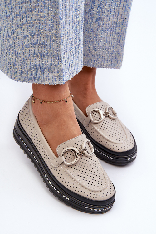 Dámské kožené mokasíny na platformě s ozdobou S.Barski LR750 béžové