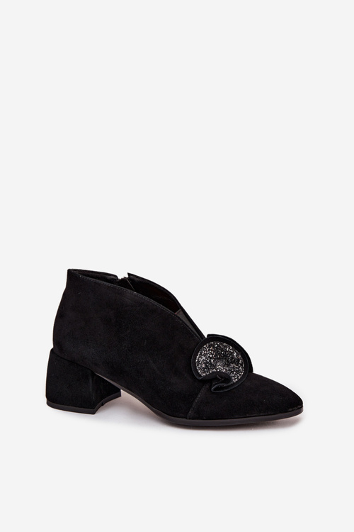 Kožené semišové dámské boty na podpatku s ozdobou D&A MR52-182 Černé