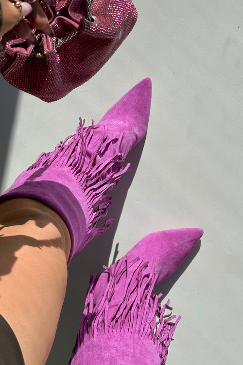 Dámské kozačky na jehlovém podpatku s třásněmi fialové Isalune