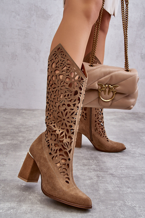 Zazoo 3234 Semišové Prešívané Čižmy Tmavobežové