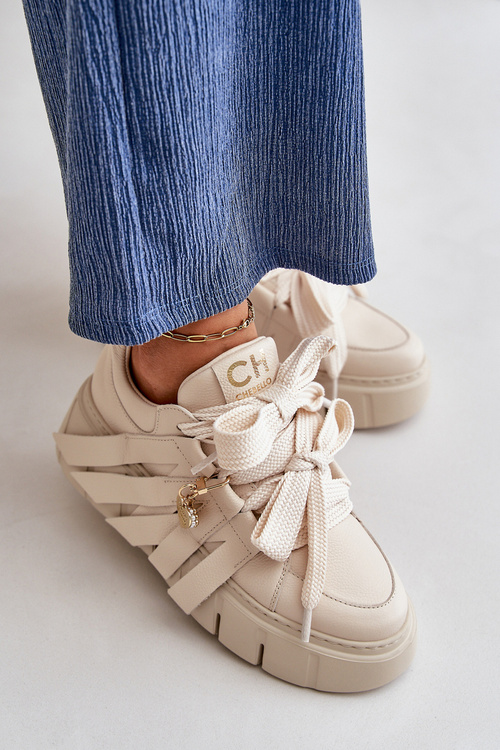 Dámské kožené tenisky s ozdobami CheBello 4292 béžové