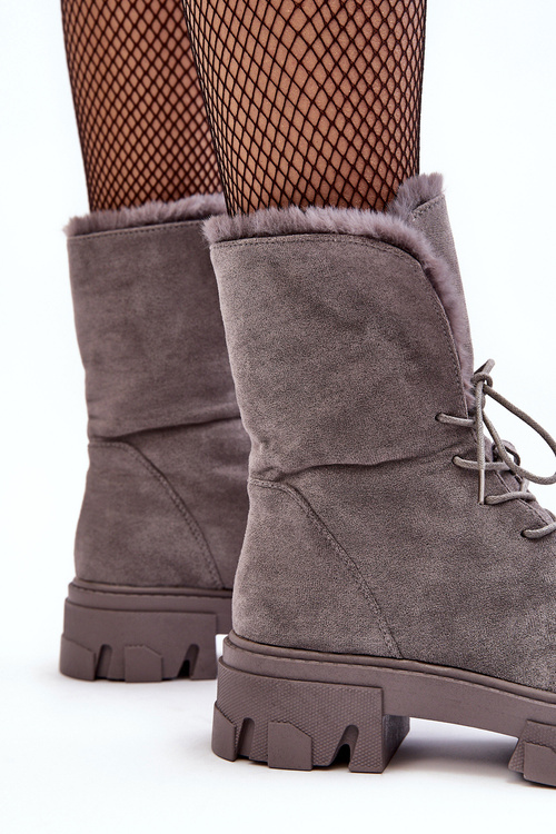 Suede Lace -up Boots Workers s kožušinou sivou frendo