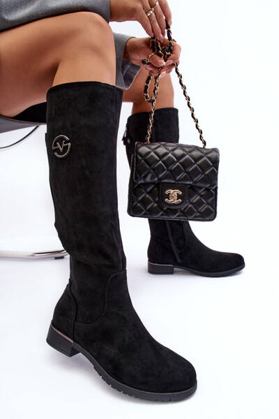 Dámské Plochá Podpatek Zamszové Kozaky Černé Albuna