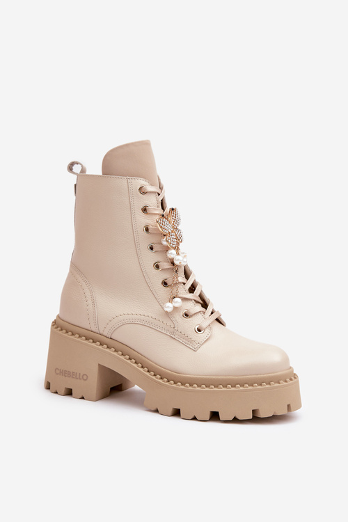 Kožené Pracovné Čižmy Pre Ženy S Motýľom Béžové CheBello 4590