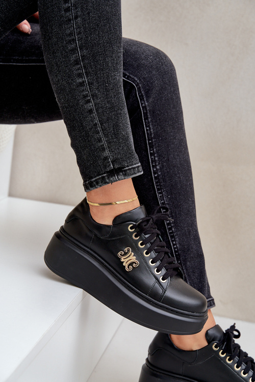 Tenisky Z Pravej Kože Na Platforme Zlatá Dekorácia Lewski 3428 Čierne