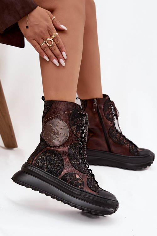 Kožené členkové topánky na platforme s podšívkou Maciejka 06565-02 hnedo-zlaté