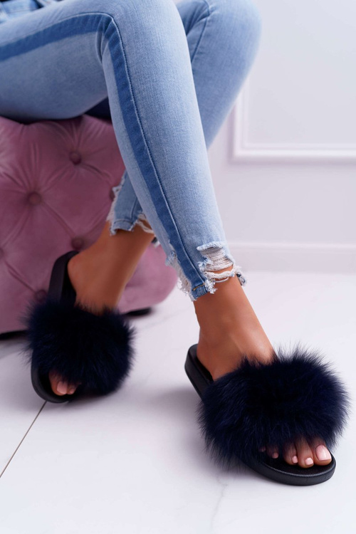 Dámské Nazouváky s přírodní kožešinou Tmavě Modré Naturis