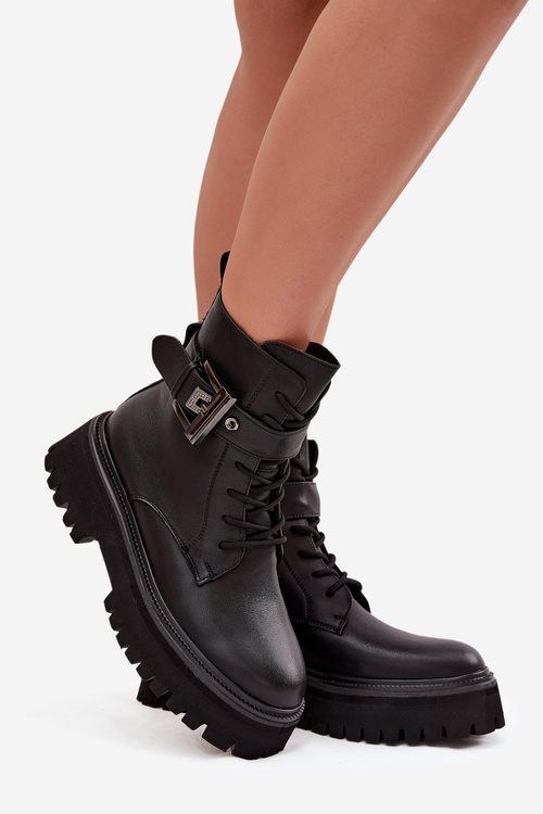 Kožené dámske pracovné čižmy zateplené s ozdobnou sponou D&A MK52-032 Čierne