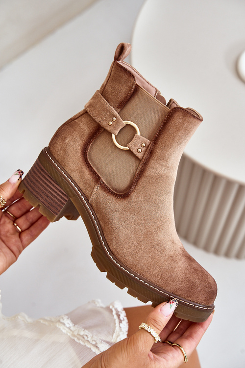 Dámske Zateplené Čižmy Na Opätku So Zlatým Detailom Eko Semišové Svetlo Hnedé Mailta