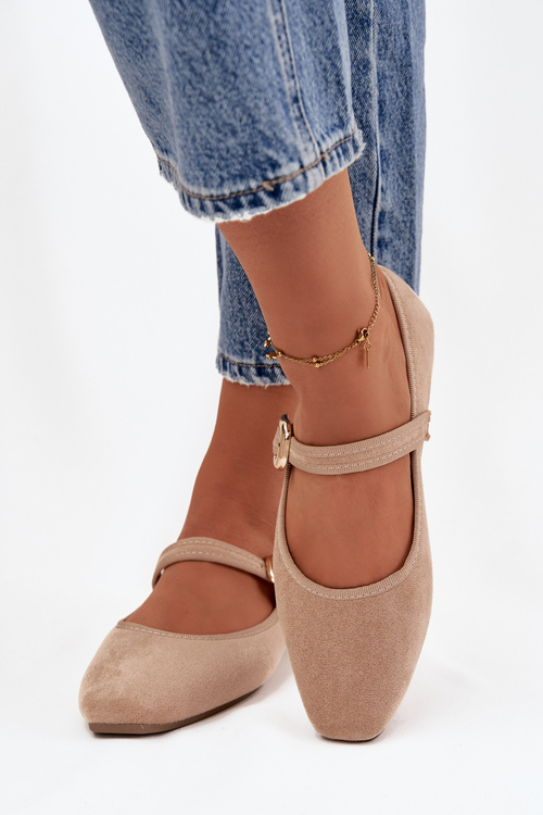 Baleríny s páskem a zlatým sponou Eko semiš Béžové Adelora