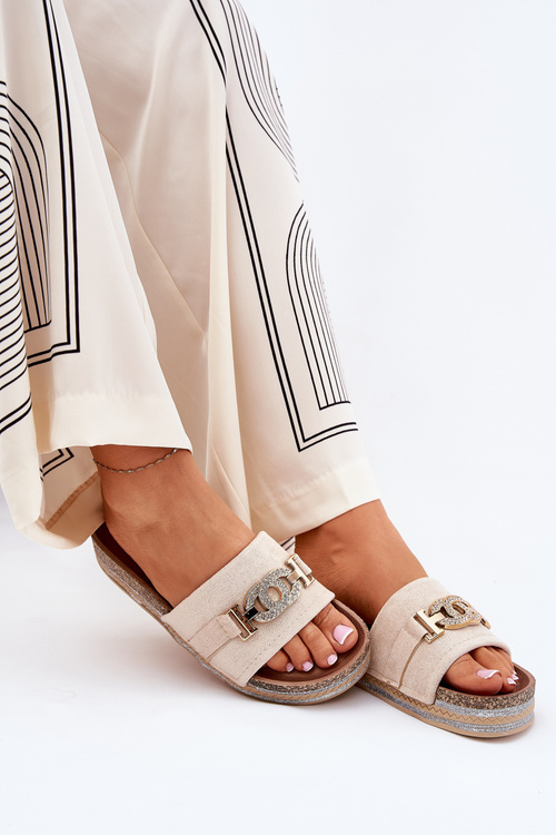 Dámské Pantofle Se Zlatým Detailem Na Platformě S Leskem Béžové Eanes