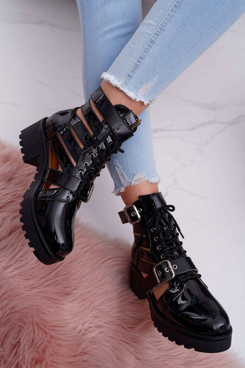 Dámské Kotníkové Boty Na Podpatku Jarní Lakované Černé Single