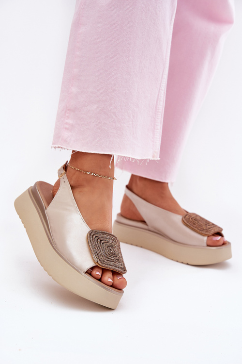 Zazoo 1786 Kožené Sandály Dámské Na Platformě S Dekorací Perlově Béžové