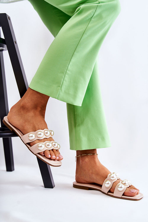 Dámské kožené pantofle s ozdobnými perlami Bezové Lasello