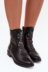 Zateplené dámske členkové topánky na plochom podpätku s ozdobnými kvetmi čierne Pravienne