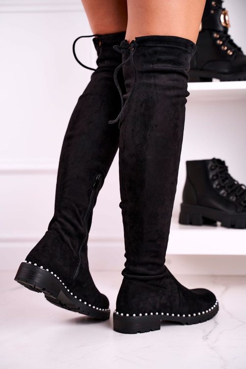 Kozáky cez koleno s perlami, semišová čierna Isabel