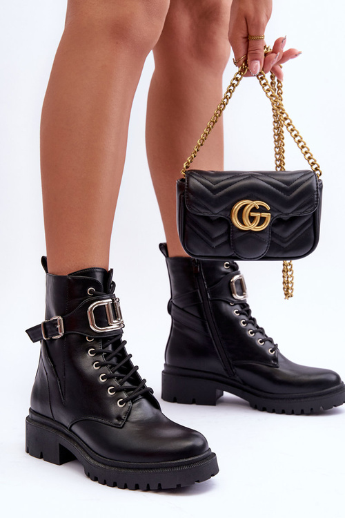 Modní Botky Workery s Ozdobou Černá Ollia