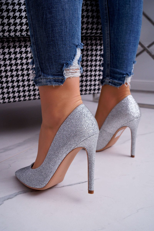 Dámské Lodičky Na Jehlovém Podpatku s Brokátem Stříbrné Vivien